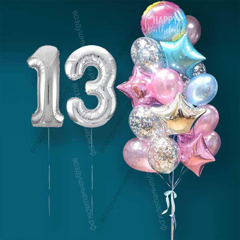 Гелиевые шарики на 13 лет девочке "Розово-голубое мерцание", 20 шаров и серебристые цифры