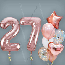 Шары на 27 лет женщине, сет "Розовое золото", 7 шариков с гелием и цифры