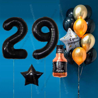 Оформление шарами на 29 лет с бутылкой виски и черными цифрами Black Label