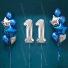 Шары на 11 лет мальчику, сет "Серебристо-синий", 14 шариков с гелием и цифры