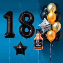 Оформление шарами на 18 лет с бутылкой виски и черными цифрами Black Label