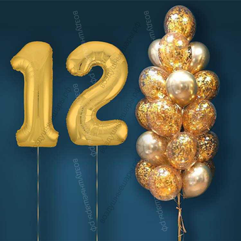 Шары с гелием на 12 лет, сет "Золотой Хром", 19 гелиевых шариков и золотые цифры