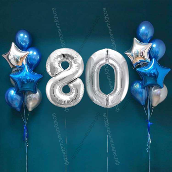 Шары на 80 лет мужчине, сет "Серебристо-синий", 14 шариков с гелием и цифры