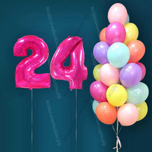 Гелиевые шары на 24 года для женщины "Акварельный этюд", 25 шариков и малиновые цифры