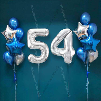 Шары на 54 года мужчине, сет "Серебристо-синий", 14 шариков с гелием и цифры