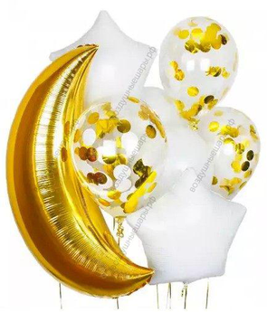 Букет из 5 шаров и 2 звезд "Белое золото с полумесяцем"