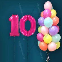 Гелиевые шары на 10 лет для девочки "Акварельный этюд", 25 шариков и малиновые цифры