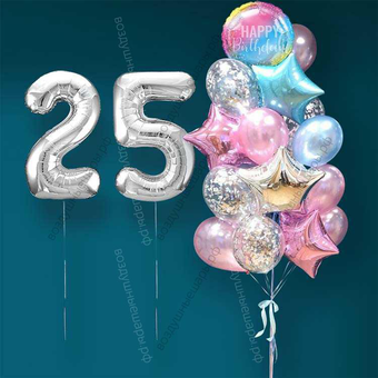 Гелиевые шарики на 25 лет женщине "Розово-голубое мерцание", 20 шаров и серебристые цифры