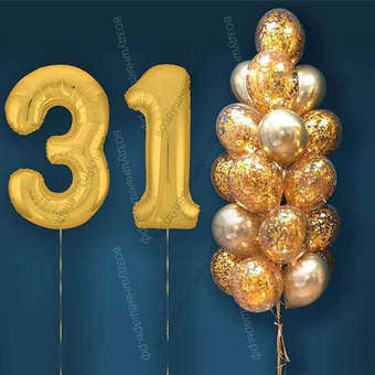 Шары с гелием на 31 год, сет "Золотой Хром", 19 гелиевых шариков и золотые цифры