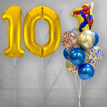 Букет шаров на 10 лет ребенку "Человек-паук желтый", 12 шаров и золотые цифры