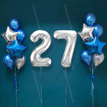 Шары на 27 лет мужчине, сет "Серебристо-синий", 14 шариков с гелием и цифры