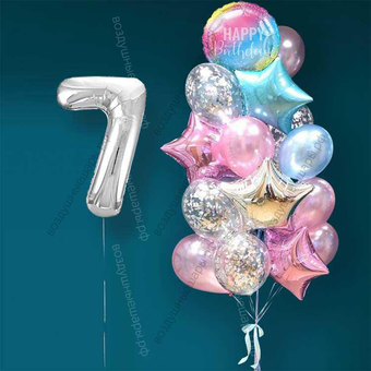 Гелиевые шарики на 7 лет девочке "Розово-голубое мерцание", 20 шаров и серебристая цифра