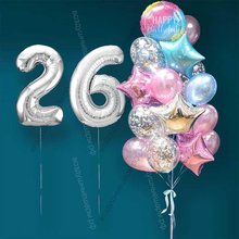 Гелиевые шарики на 26 лет женщине "Розово-голубое мерцание", 20 шаров и серебристые цифры