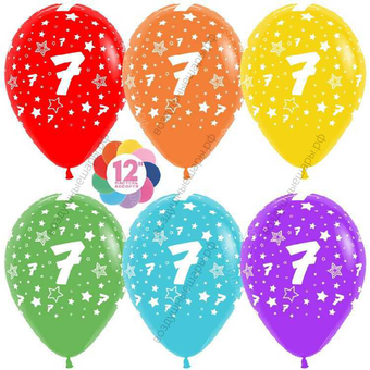 Шар с гелием  Цифра 7, семерка (звезды), Ассорти, пастель, 5 ст, 30 см.