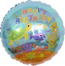 Шар с гелием  Круг, С Днем Рождения , подводный мир, Голубой, 46 см.