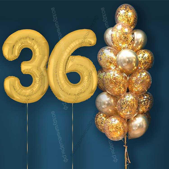 Шары с гелием на 36 лет, сет "Золотой Хром", 19 гелиевых шариков и золотые цифры