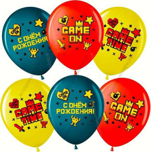 Шар с гелием Пиксели Game Time, С Днем Рождения!, Ассорти, пастель, 2 ст, 30 см.