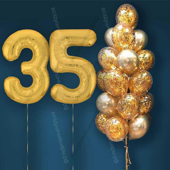 Шары с гелием на 35 лет, сет "Золотой Хром", 19 гелиевых шариков и золотые цифры