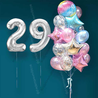Гелиевые шарики на 29 лет женщине "Розово-голубое мерцание", 20 шаров и серебристые цифры