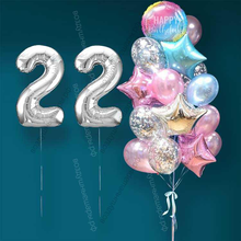 Гелиевые шарики на 22 года женщине "Розово-голубое мерцание", 20 шаров и серебристые цифры