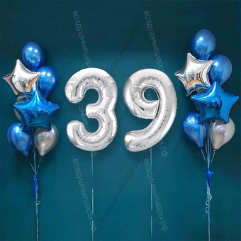 Шары на 39 лет мужчине, сет "Серебристо-синий", 14 шариков с гелием и цифры