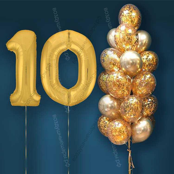 Шары с гелием на 10 лет, сет "Золотой Хром", 19 гелиевых шариков и золотые цифры