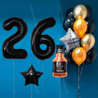 Оформление шарами на 26 лет с бутылкой виски и черными цифрами Black Label