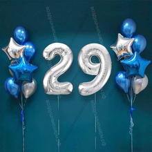 Шары на 29 лет мужчине, сет "Серебристо-синий", 14 шариков с гелием и цифры