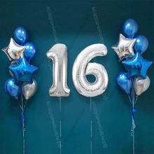Шары на 16 лет парню, сет "Серебристо-синий", 14 шариков с гелием и цифры