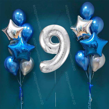 Шары на 9 лет мальчику, сет "Серебристо-синий", 14 шариков с гелием и цифра