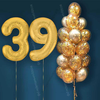 Шары с гелием на 39 лет, сет "Золотой Хром", 19 гелиевых шариков и золотые цифры