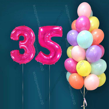 Гелиевые шары на 35 лет для женщины "Акварельный этюд", 25 шариков и малиновые цифры