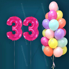 Гелиевые шары на 33 года для женщины "Акварельный этюд", 25 шариков и малиновые цифры