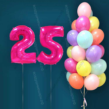Гелиевые шары на 25 лет для женщины "Акварельный этюд", 25 шариков и малиновые цифры