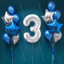 Шары на 3 года мальчику, сет "Серебристо-синий", 14 шариков с гелием и цифра