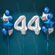 Шары на 44 года мужчине, сет "Серебристо-синий", 14 шариков с гелием и цифры