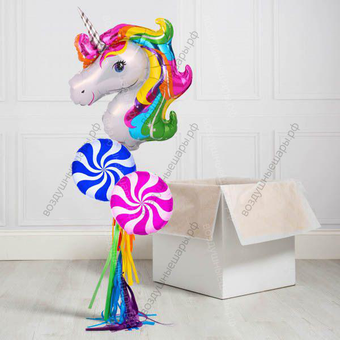 Воздушные шары Единорог и два леденца в подарочной коробке