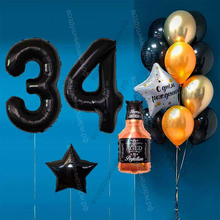 Оформление шарами на 34 года с бутылкой виски и черными цифрами Black Label