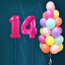 Гелиевые шары на 14 лет для девушки "Акварельный этюд", 25 шариков и малиновые цифры