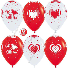 Шар с гелием  Множество сердец, Белый (005)/Красный (015), пастель, 5 ст, 30 см.