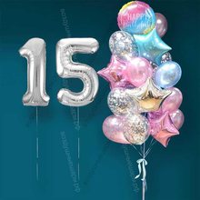 Гелиевые шарики на 15 лет девушке "Розово-голубое мерцание", 20 шаров и серебристые цифры