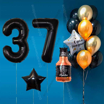Оформление шарами на 37 лет с бутылкой виски и черными цифрами Black Label