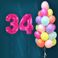 Гелиевые шары на 34 года для женщины "Акварельный этюд", 25 шариков и малиновые цифры