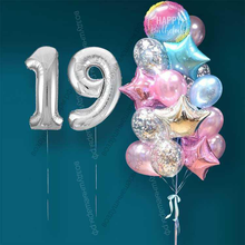 Гелиевые шарики на 19 лет девушке "Розово-голубое мерцание", 20 шаров и серебристые цифры