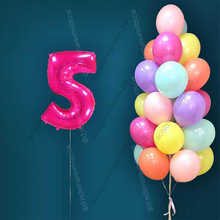Гелиевые шары на 5 лет для девочки "Акварельный этюд", 25 шариков и малиновая цифра