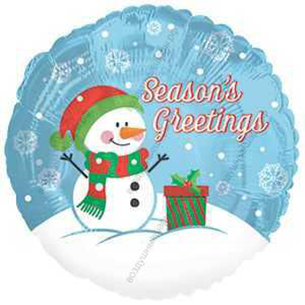 Шар с гелием  Круг, Снеговик и подарок, Голубой, 46 см.
