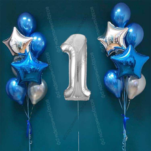 Шары на 1 год мальчику, сет "Серебристо-синий", 14 шариков с гелием и цифра