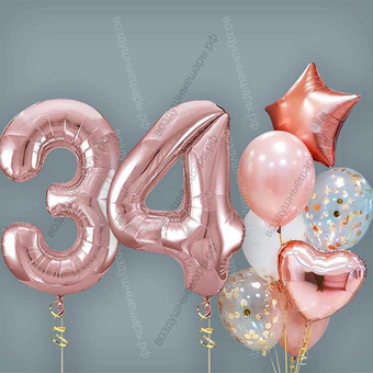 Шары на 34 года женщине, сет "Розовое золото", 7 шариков с гелием и цифры