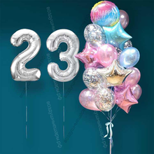 Гелиевые шарики на 23 года женщине "Розово-голубое мерцание", 20 шаров и серебристые цифры