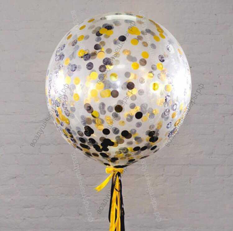 Большой шар 60 см с гелием с черным и золотым конфетти на ленте